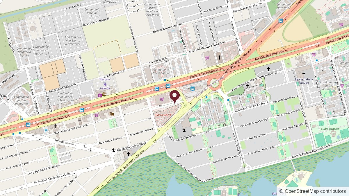 Mapa mostrando a localização do consultório na Av. das Américas, 13.685, Barra da Tijuca, Rio de Janeiro
